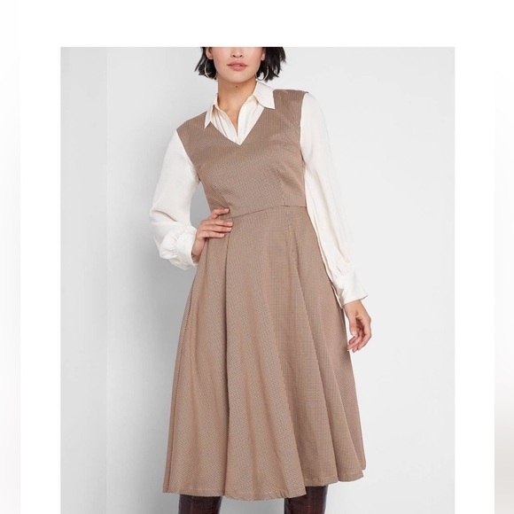 Modcloth  Tan Hounstooth Decision Maker Sleeveless Midi Dress: size 22 - Picture 1 of 7